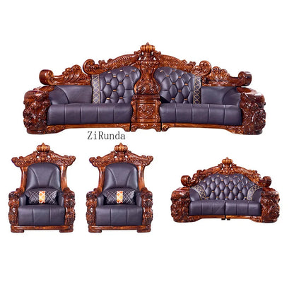Ebony sofa leather combination, living room villa luxury solid wood furniture