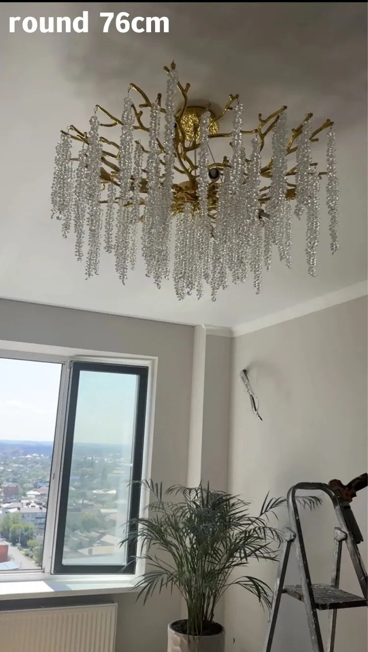 Round Gold Crystal Chandelier For Bedroom Living Room Dining Room Lounge Modern Luxury Gold Ceiling Crystal Branch Chandeliers