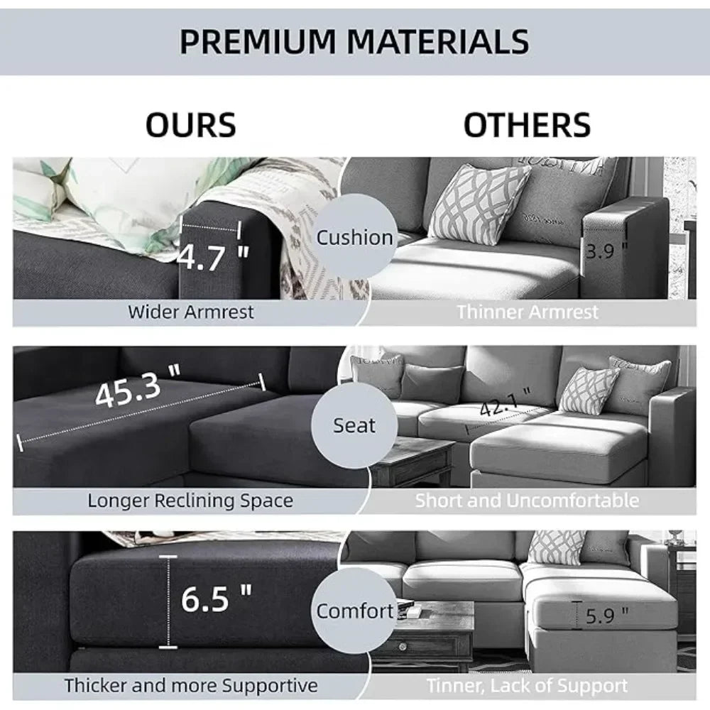 Faux Leather/Linen Fabric Sectional Sofa Couch, Modern L-Shaped Modular Couch Upholstered 3/6 Seaters Living Room Sofa Couch