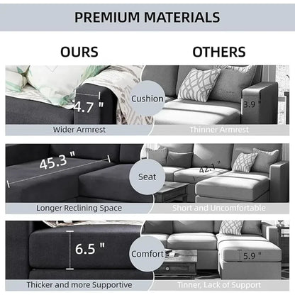 Faux Leather/Linen Fabric Sectional Sofa Couch, Modern L-Shaped Modular Couch Upholstered 3/6 Seaters Living Room Sofa Couch