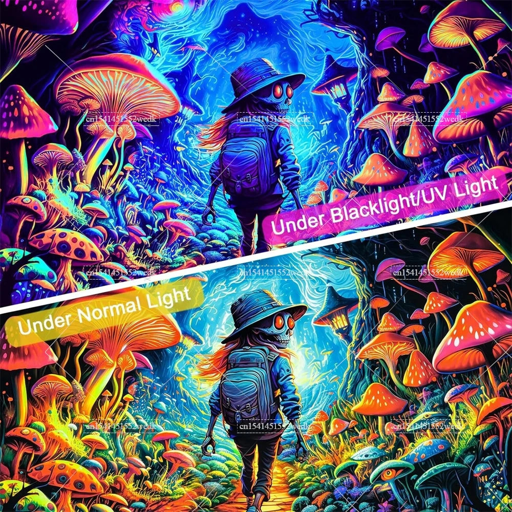 Blacklight Mushroom Tapestry UV Reactive Hippie Skull Tapestries Wall Hanging Eyes Forest Tapestry Glow In The Dark Posters