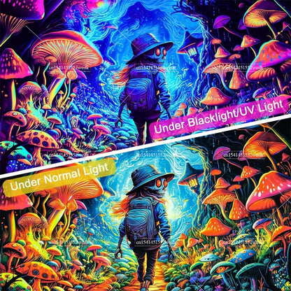 Blacklight Mushroom Tapestry UV Reactive Hippie Skull Tapestries Wall Hanging Eyes Forest Tapestry Glow In The Dark Posters