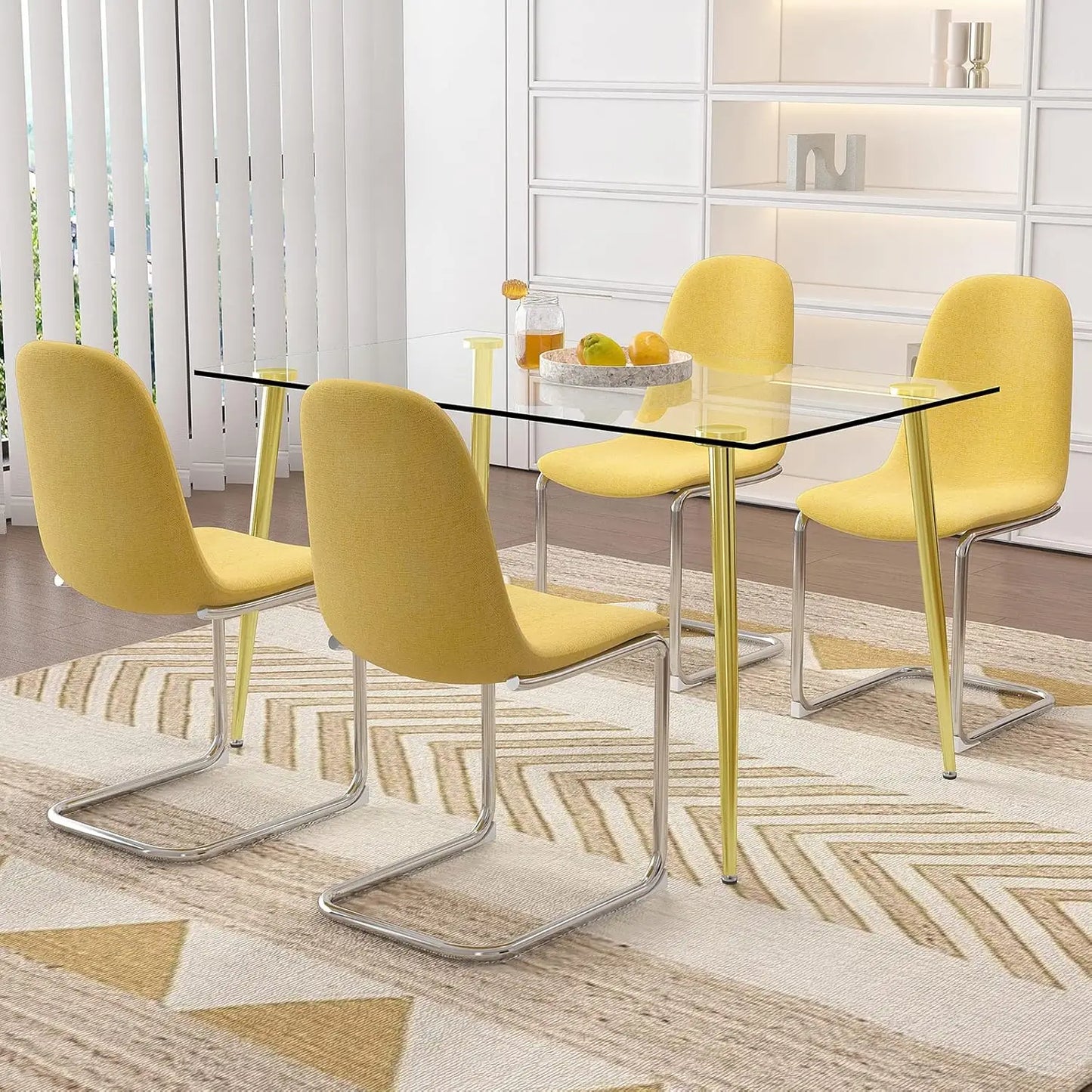 Glass Dining Table Set for 4,5 Piece Dining Table and Chairs Set，Modern Kitchen Dining Room Table with 4 Black PU Leather