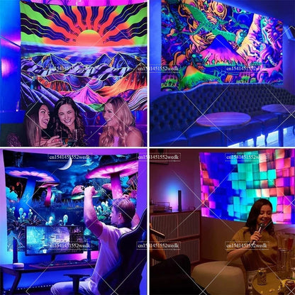 Blacklight Mushroom Tapestry UV Reactive Hippie Skull Tapestries Wall Hanging Eyes Forest Tapestry Glow In The Dark Posters