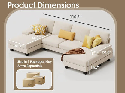 Sectional Couches for Living Room,U-Shaped Couch w/ Linen Fabric, 4 Seat Sofa Set w/ Double Chaise for Apartment (Fabric, White)