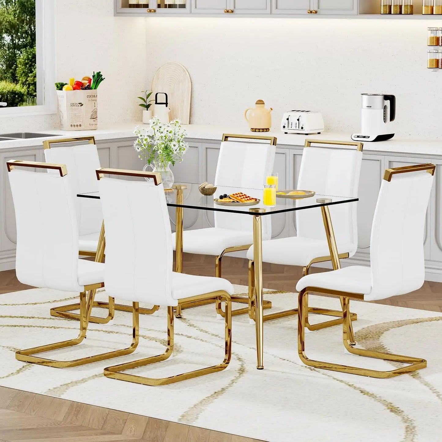 Glass Dining Table Set for 4,5 Piece Dining Table and Chairs Set，Modern Kitchen Dining Room Table with 4 Black PU Leather