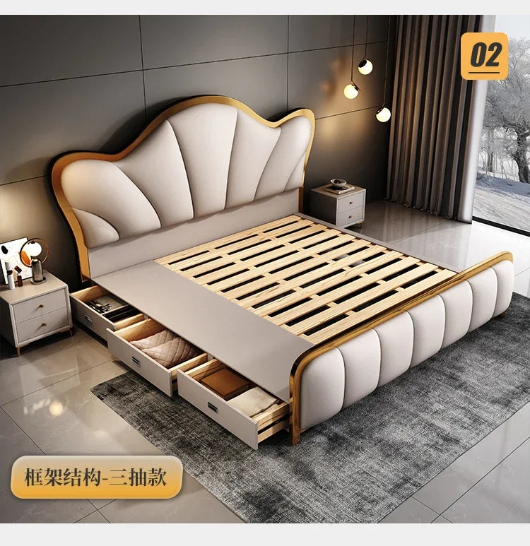 Nordic Luxury Double Bed Modern Wood High End Headboard Frame Double Bed Kids Girl Camas Matrimonial Furniture For Bedroom