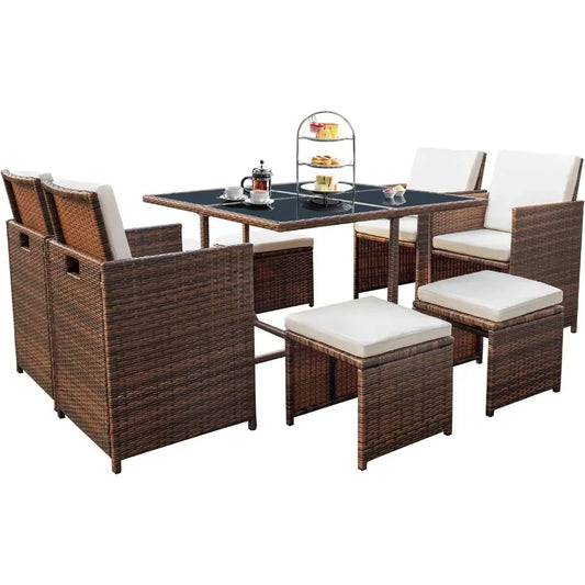 9 Pieces Patio Dining Sets Outdoor Space Saving Rattan Chairs with Glass Table Patio Furniture Sets Cushioned Seating (Beige)