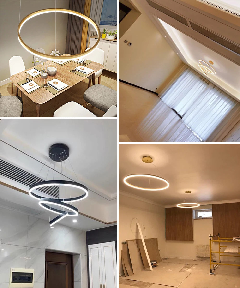 Modern LED pendant lights suitable for bedrooms, living rooms, and dining rooms. Circular ceiling chandelier, home lighting.