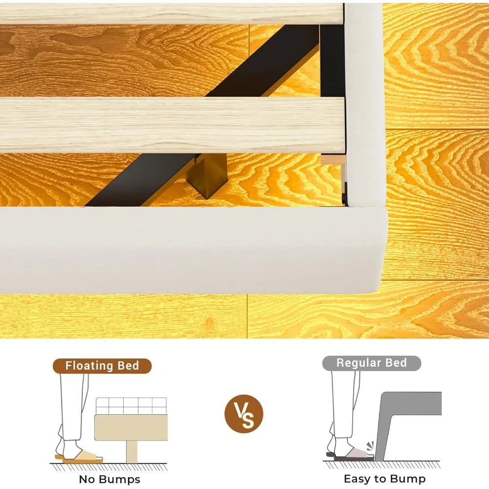 Bed Frame, with Storage Headboard and Power Outlet, Floating Platform Bed with LED Lights, Wood Slats Support, Bedroom Bed