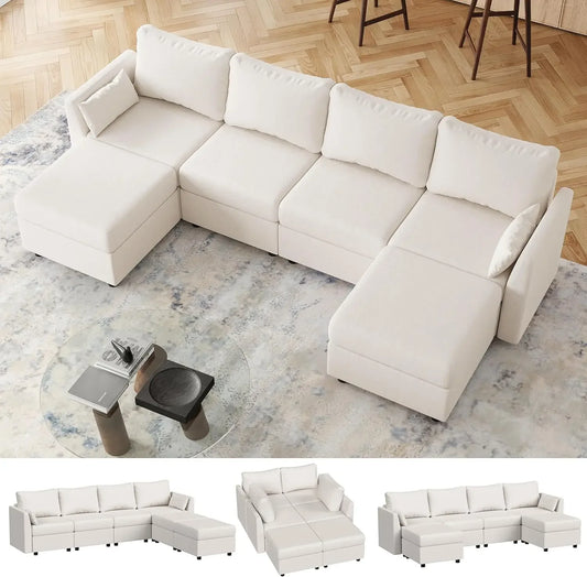 Sectional Sofa with Storage, Convertible 6 Seat Sectional Couches for Living Room, U Shaped Sectional Sofa with Chaise, Comfy Se