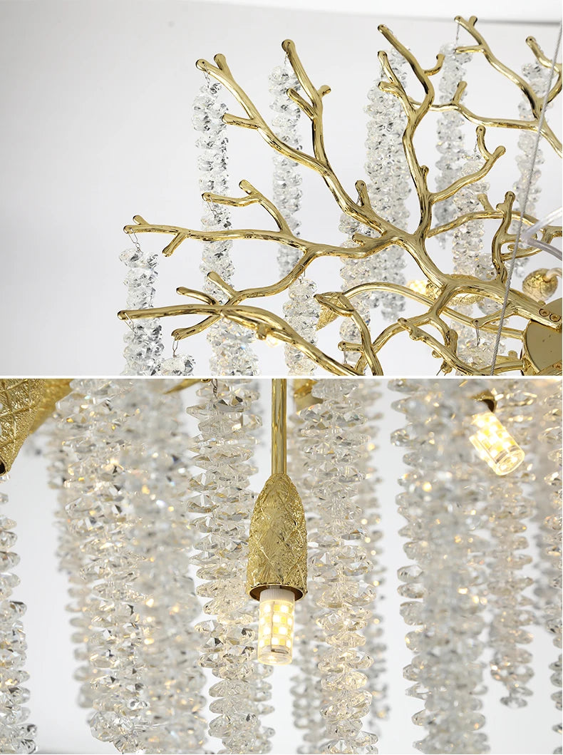 Round Gold Crystal Chandelier For Bedroom Living Room Dining Room Lounge Modern Luxury Gold Ceiling Crystal Branch Chandeliers
