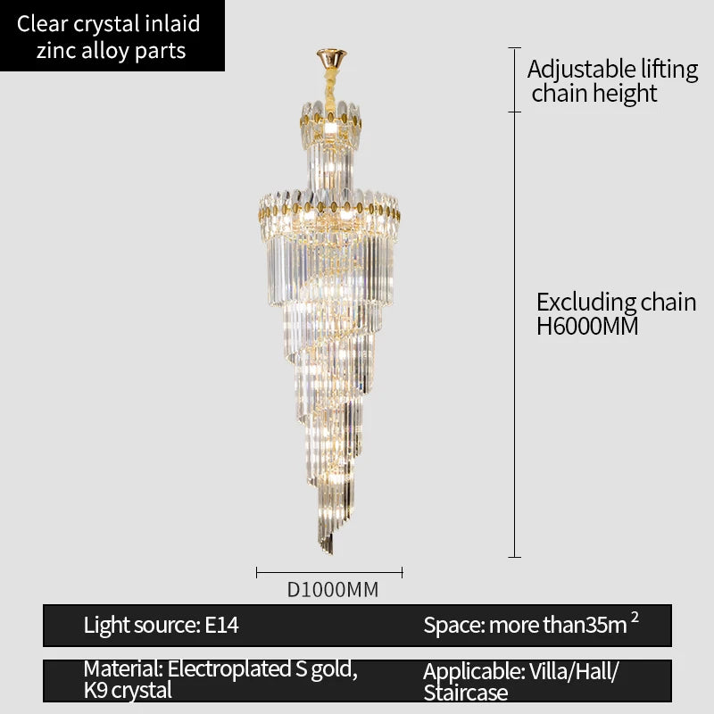 Post-Modern Duplex Villa Hall Crystal Chandelier Simple Light Luxury Jump Floor Floor Rotating Hollow Long Strip Crystal Chandel