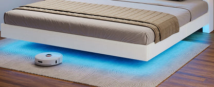 Bed Frame, with Storage Headboard and Power Outlet, Floating Platform Bed with LED Lights, Wood Slats Support, Bedroom Bed