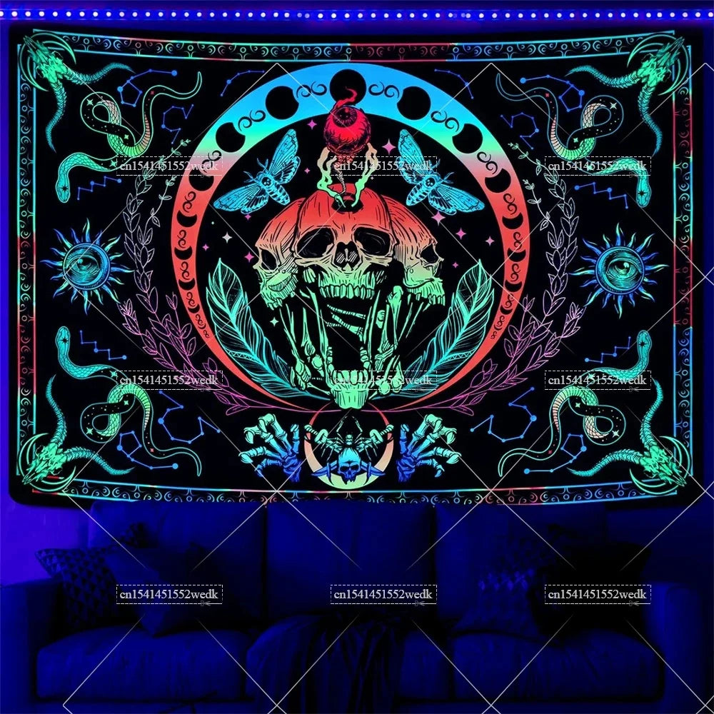 Blacklight Mushroom Tapestry UV Reactive Hippie Skull Tapestries Wall Hanging Eyes Forest Tapestry Glow In The Dark Posters