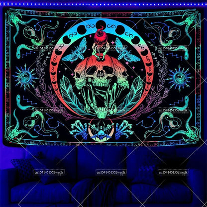 Blacklight Mushroom Tapestry UV Reactive Hippie Skull Tapestries Wall Hanging Eyes Forest Tapestry Glow In The Dark Posters