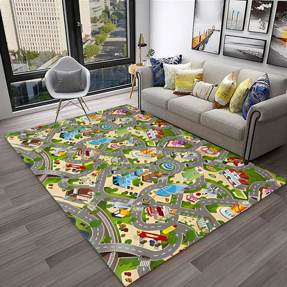 Child Playmat Traffic Highway City Playroom Carpet Rug for Home Living Room Bedroom Doormat Decor, Area Rug Non-slip Floor Mat