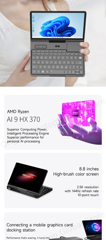GPD Pocket 4 2025 Model AMD R7 8840U/AI 9 365/AI 9 HX 370 Processor 8.8-inch 2.5K Resolution 144 Hz Refresh Rate Mini Laptop