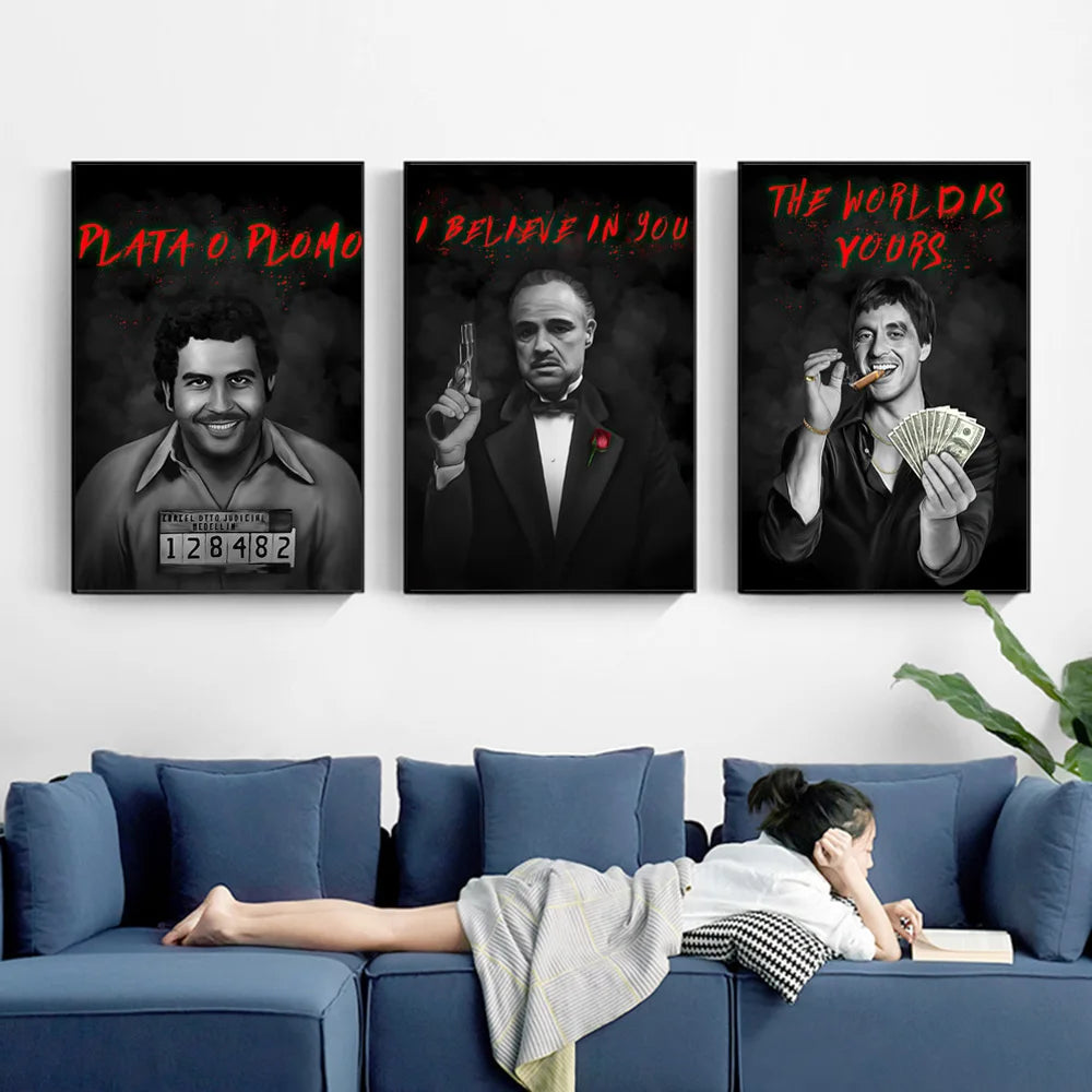 Gangster Bosses Legends Art Posters Scarface Escobar Godfather Wall Decor Motivational Canvas Prints Mafia Portrait Painting