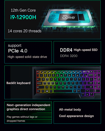 YSJMNPC 16 Inch 12th Gen Gaming Laptop Intel Core i9 12900H NVIDIA RTX 3060 6G 2.5K IPS Screen 2*DDR4 2*M.2 2TB SSD RGB Keyboard