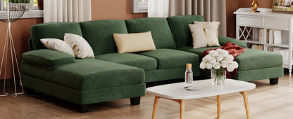 Sectional Couches for Living Room,U-Shaped Couch w/ Linen Fabric, 4 Seat Sofa Set w/ Double Chaise for Apartment (Fabric, White)