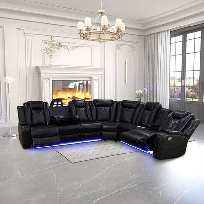 Power Reclining Sectional Sofa USB Chargers and Storage Console, Leather Recliner Sofa for Living Room Furniture Set