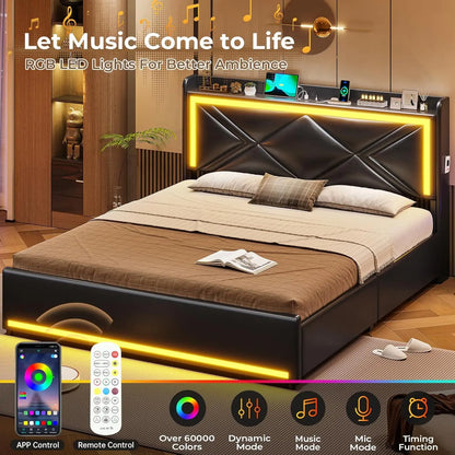 Bed Frame with Storage Headboard & 4 Drawers, Upholstered LED Bed Frame with Charging Station, Pu Leather Platform