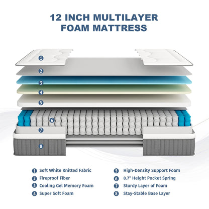 Twin XL Mattress 12 Inch Euro Top Hybrid Gel Memory Foam with Pocket Spring Mattress in a Box for Cool Sleep