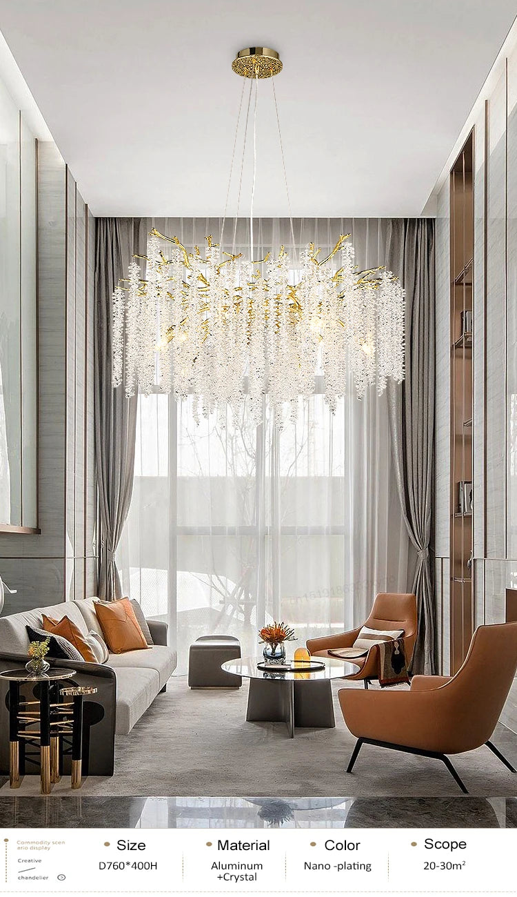 Round Gold Crystal Chandelier For Bedroom Living Room Dining Room Lounge Modern Luxury Gold Ceiling Crystal Branch Chandeliers