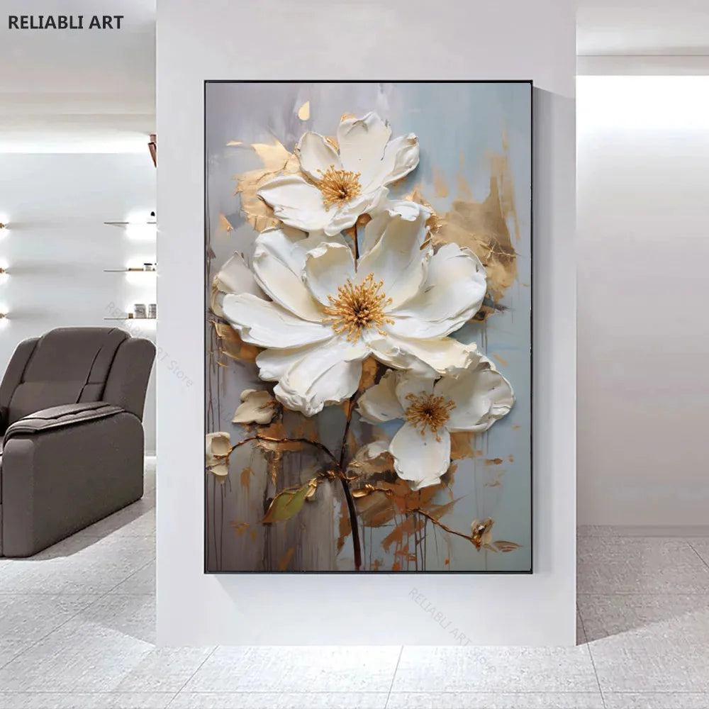 Blooming White Flowers On Canvas, Poster,Print Painting Abstract  Wall Art Picture For Nordic Living Room Decor Cuadros Unframed