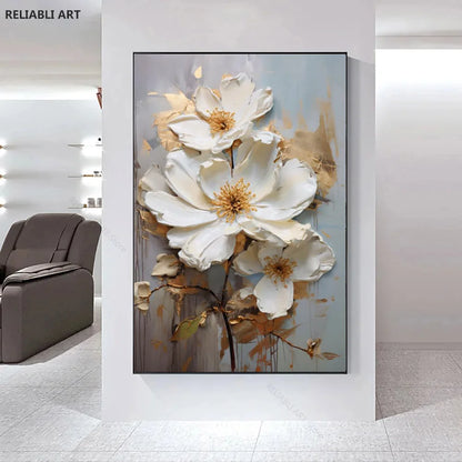 Blooming White Flowers On Canvas, Poster,Print Painting Abstract  Wall Art Picture For Nordic Living Room Decor Cuadros Unframed