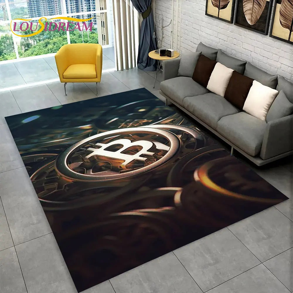 3D Bitcoin Virtual Currency Area Rug Large, Carpet Rug for Living Room Bedroom Sofa Playroom Doormat Decor, Kid Non-slip Floor Mat