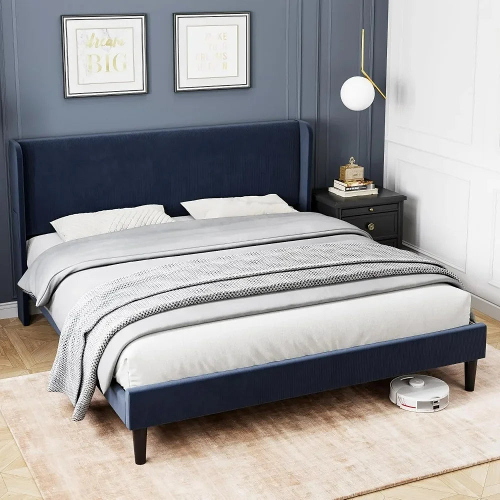 Bed Frame with Wingback & 2 Storage Pockets,  Upholstered Headboard, Solid Wood Slats Support, Velvet Platform Beds Bedroom