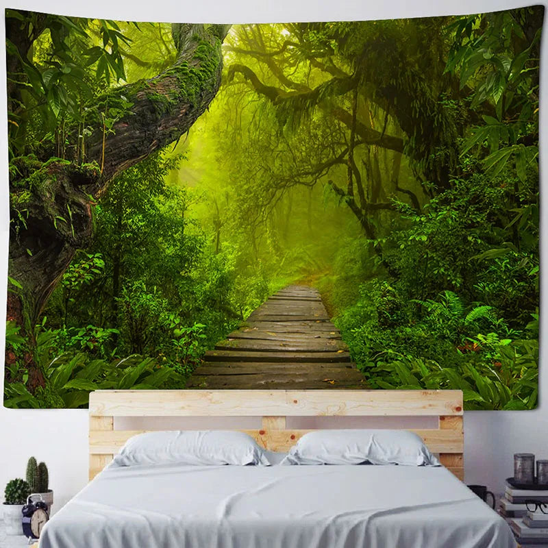 Green jungle tapestry beautiful natural forest large wall hanging hippie bohemian mandala wall art home decoration 8 sizes