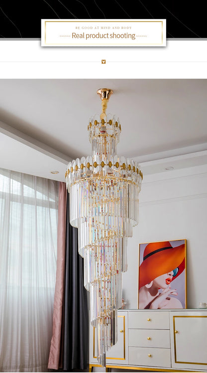 Post-Modern Duplex Villa Hall Crystal Chandelier Simple Light Luxury Jump Floor Floor Rotating Hollow Long Strip Crystal Chandel
