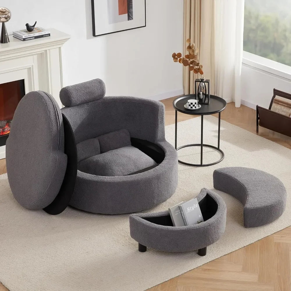 Round Oversized Swivel Barrel Chair with Base Storage for Living Room, 360°Modern Swivel Accent Chair with 3 Pillows for Home