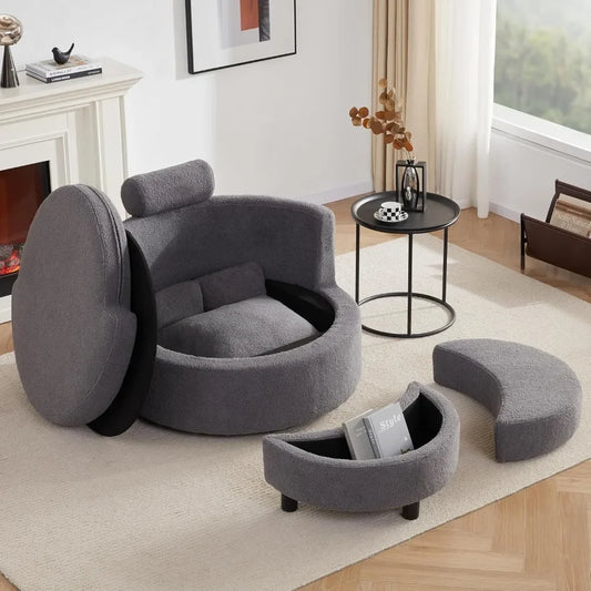 Round Oversized Swivel Barrel Chair with Base Storage for Living Room, 360°Modern Swivel Accent Chair with 3 Pillows for Home