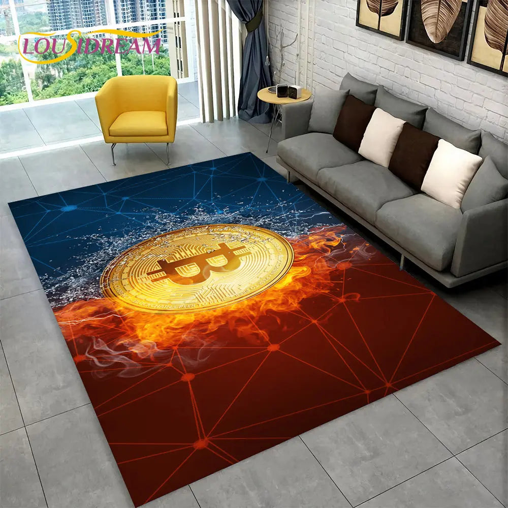 3D Bitcoin Virtual Currency Area Rug Large, Carpet Rug for Living Room Bedroom Sofa Playroom Doormat Decor, Kid Non-slip Floor Mat