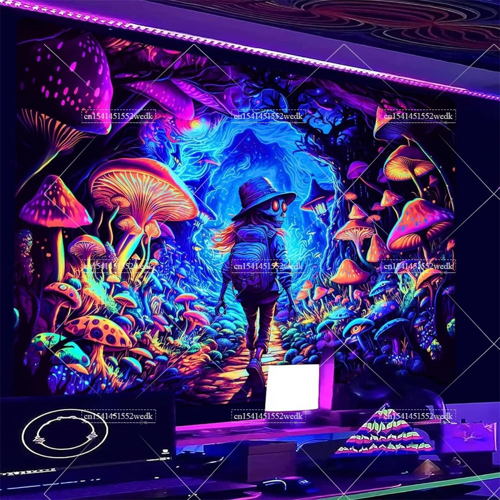 Blacklight Mushroom Tapestry UV Reactive Hippie Skull Tapestries Wall Hanging Eyes Forest Tapestry Glow In The Dark Posters