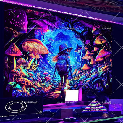 Blacklight Mushroom Tapestry UV Reactive Hippie Skull Tapestries Wall Hanging Eyes Forest Tapestry Glow In The Dark Posters