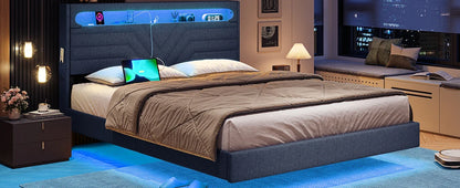 Queen Floating Frame RGB LED Lights ,USB-C/A Power Combo,Linen Upholstered Platform Bed with Storage Headboard