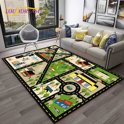 Child Playmat Traffic Highway City Playroom Carpet Rug for Home Living Room Bedroom Doormat Decor, Area Rug Non-slip Floor Mat