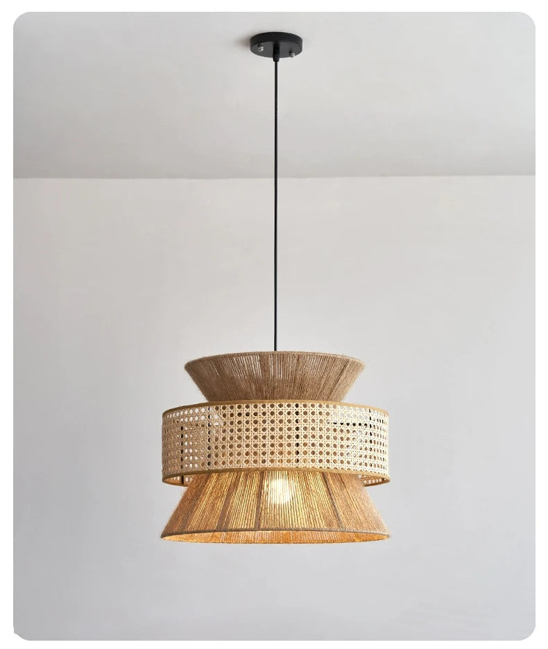 Vintage Wabi Sabi Chandelier Handmade Hemp Rope Pendant Light for Restaurant Bar Cafe Dining Room Led Rattan Lamp