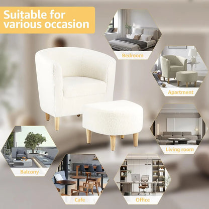 Accent Chair, Sherpa Chair White Fluffy Chair Teddy Barrel Chair with Ottoman Comfy ArmChair Footrest Set