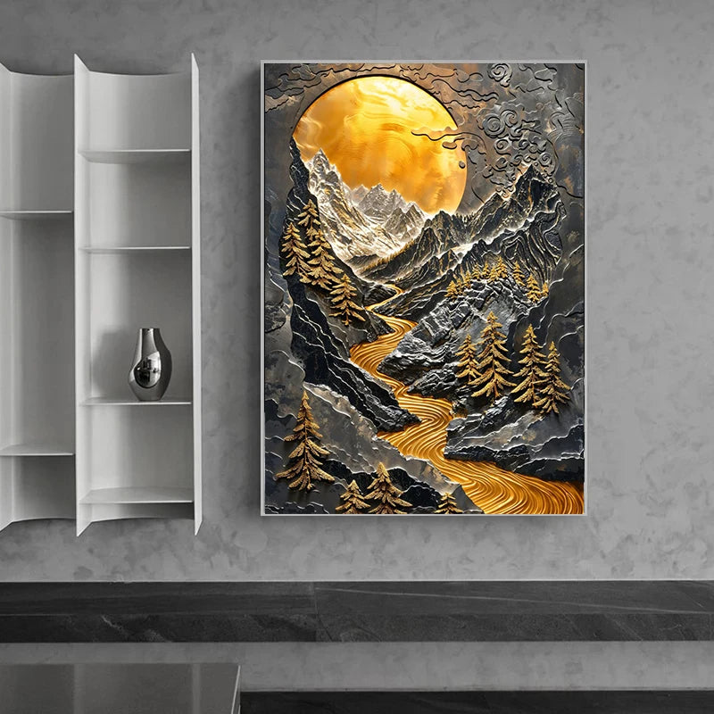 Golden Horizon Coastline Radiant Scenery Poster Moonlight Forest Bonsai Tree Waterfall Canvas Painting Wall Art Room Home Decor