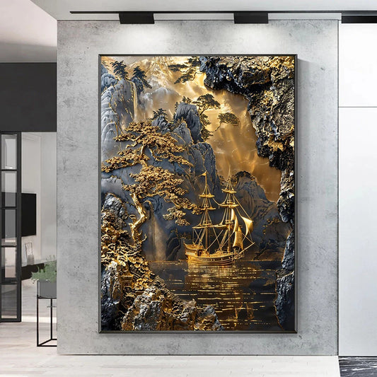 Golden Horizon Coastline Radiant Scenery Poster Moonlight Forest Bonsai Tree Waterfall Canvas Painting Wall Art Room Home Decor