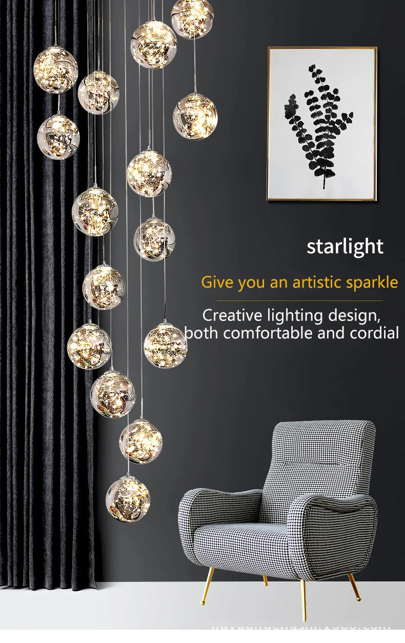Modern Led Chandelier Glass Ball Dimmable for Staircase Living Room Pendant Lamps Home Decor Lighting Suspension Design Lusters