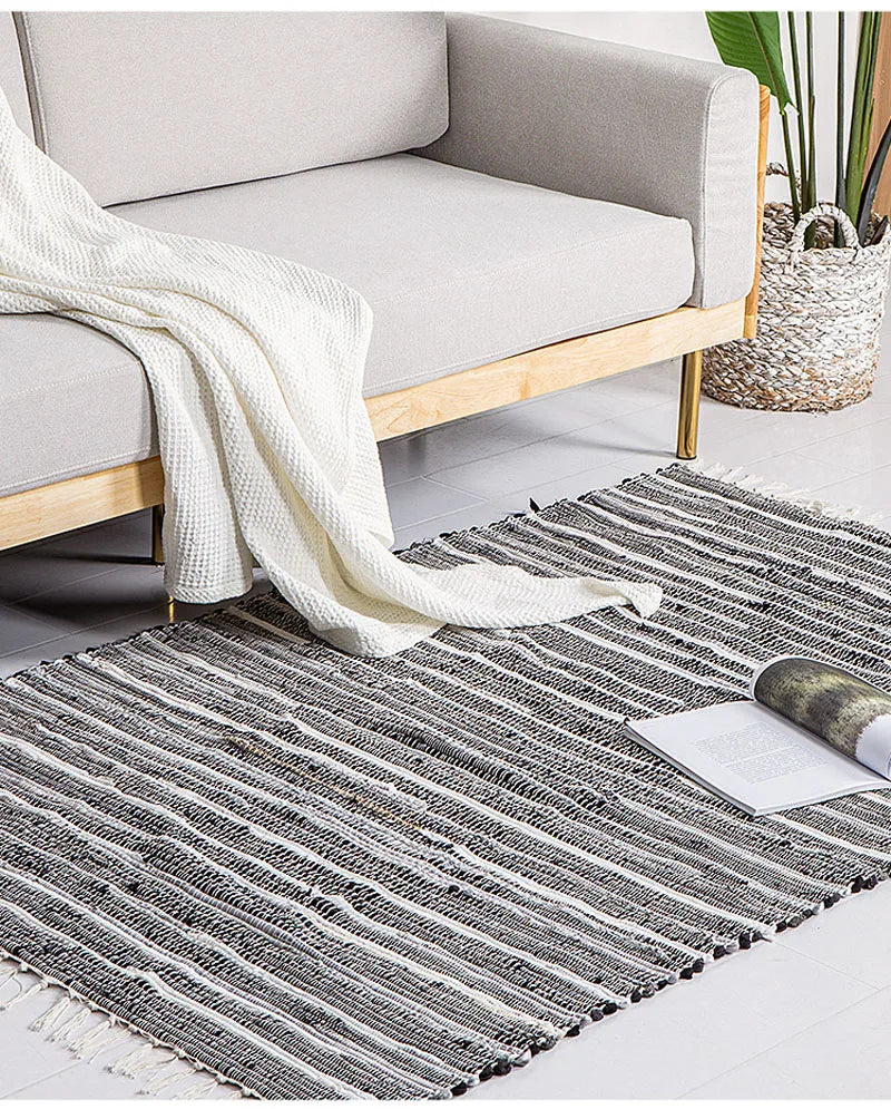 Cotton Tassel Carpet Rug Handmade Bedroom Rug Bedside Floor Mat Entrance Doormat Stripe Kitchen Mat Machine Washable Bath Rug