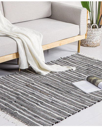 Cotton Tassel Carpet Rug Handmade Bedroom Rug Bedside Floor Mat Entrance Doormat Stripe Kitchen Mat Machine Washable Bath Rug