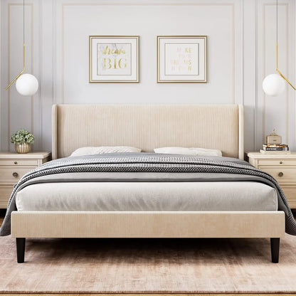 Bed Frame with Wingback & 2 Storage Pockets,  Upholstered Headboard, Solid Wood Slats Support, Velvet Platform Beds Bedroom